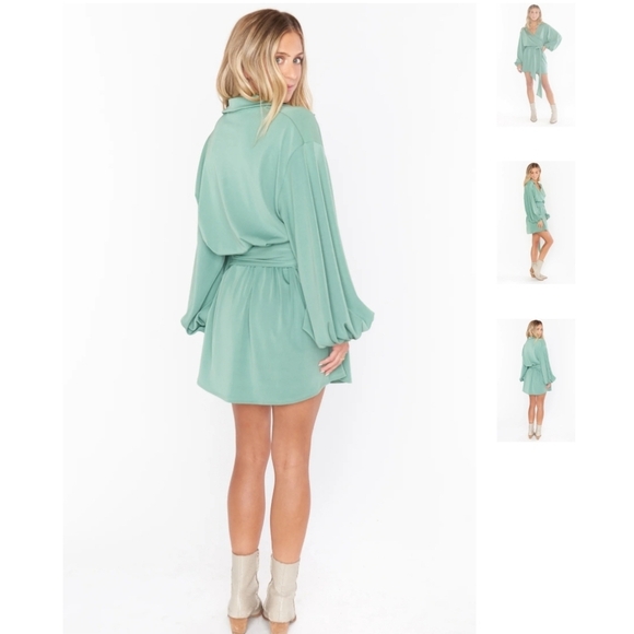 Show Me Your Mumu Chloe Collared Dress In Sage Green Medium Belted Surplice Neck - Picture 3 of 12